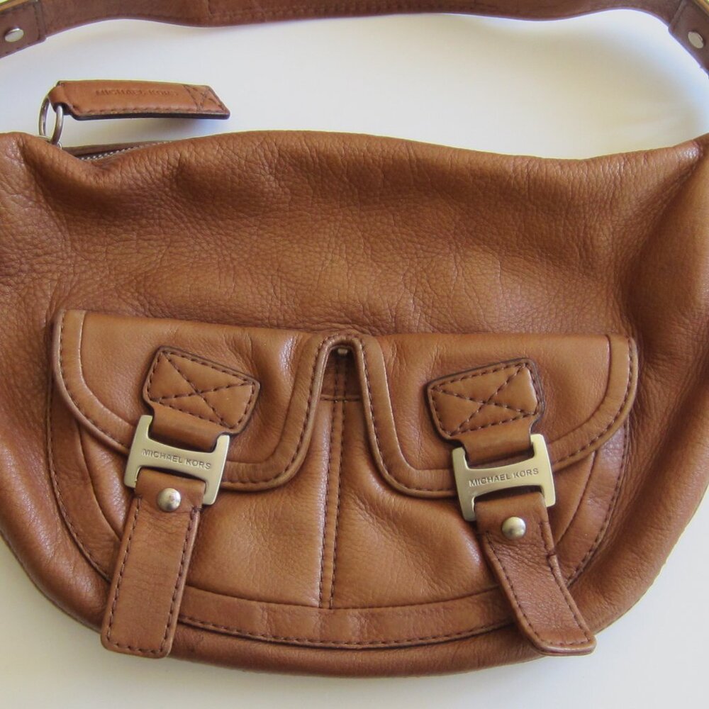 Michael Kors MK Cognac Pebbled Leather Shoulder Hobo Bag Handbag